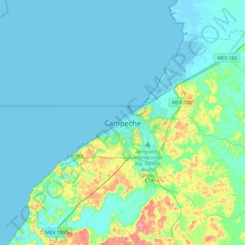 Mapa topográfico San Francisco de Campeche, altitud, relieve