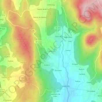 Mapa topográfico Cruxeiras, altitud, relieve