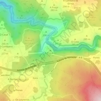 Mapa topográfico A Filgueira, altitud, relieve