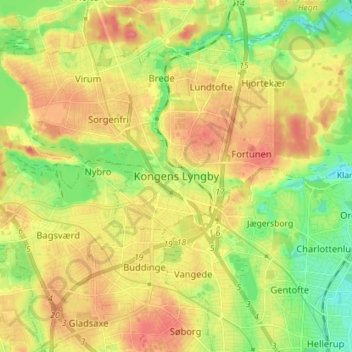 Mapa topográfico Kongens Lyngby, altitud, relieve