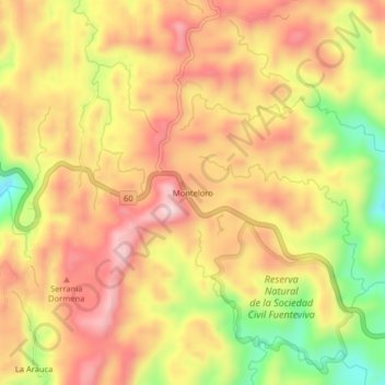 Mapa topográfico Monteloro, altitud, relieve