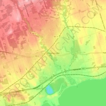 Mapa topográfico Bowmanville, altitud, relieve