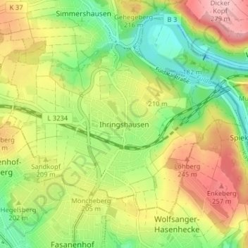 Mapa topográfico Ihringshausen, altitud, relieve
