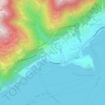 Mapa topográfico Ossuccio, altitud, relieve