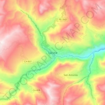 Mapa topográfico Sócota, altitud, relieve