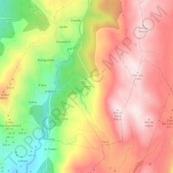 Mapa topográfico Inxerto, altitud, relieve