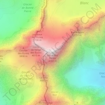 Mapa topográfico Barre des Écrins, altitud, relieve