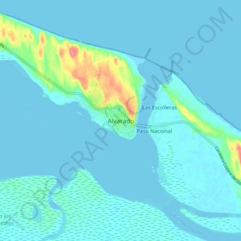Mapa topográfico Alvarado, altitud, relieve