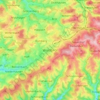Mapa topográfico Waldbröl, altitud, relieve