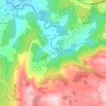 Mapa topográfico Pielas, altitud, relieve