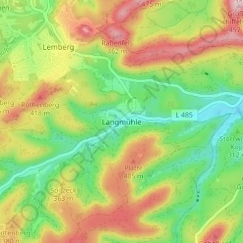 Mapa topográfico Langmühle, altitud, relieve