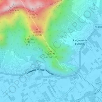 Mapa topográfico Cabezo las Bancas, altitud, relieve