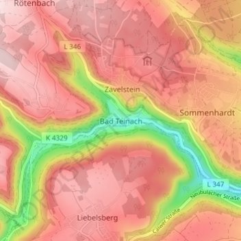 Mapa topográfico Bad Teinach, altitud, relieve