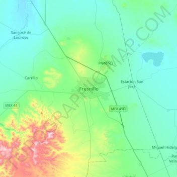 Mapa topográfico Fresnillo, altitud, relieve
