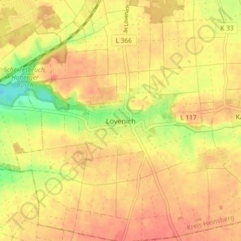 Mapa topográfico Lövenich, altitud, relieve