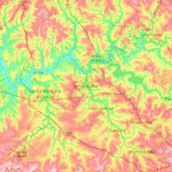 Mapa topográfico Americana, altitud, relieve