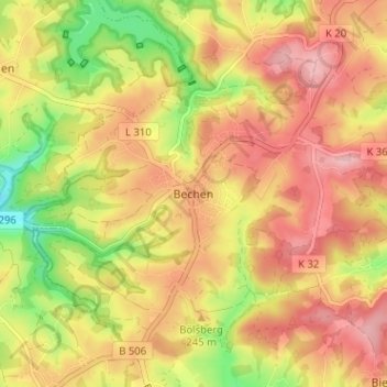 Mapa topográfico Bechen, altitud, relieve
