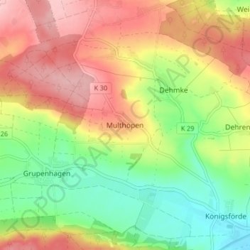 Mapa topográfico Multhöpen, altitud, relieve