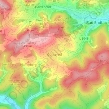 Mapa topográfico Günterod, altitud, relieve