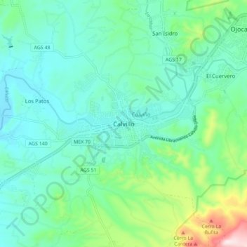 Mapa topográfico Calvillo, altitud, relieve