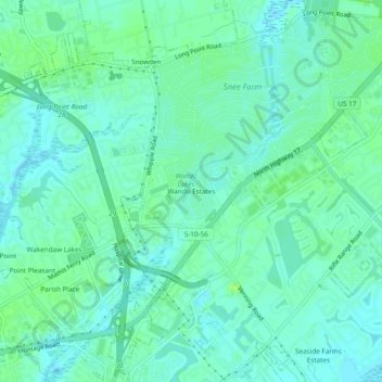 Mapa topográfico Wando Estates, altitud, relieve