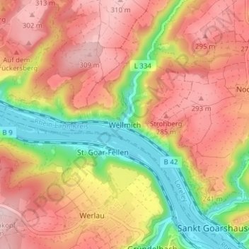 Mapa topográfico Wellmich, altitud, relieve