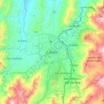 Mapa topográfico Cúcuta, altitud, relieve