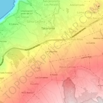 Mapa topográfico Las Higueras, altitud, relieve