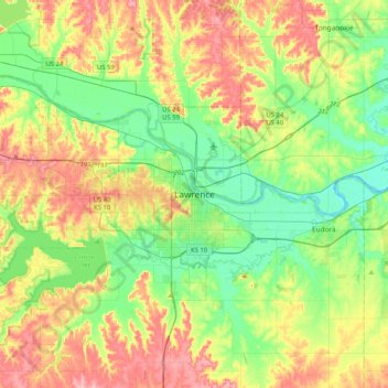 Mapa topográfico Lawrence, altitud, relieve