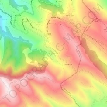 Mapa topográfico Queixadoiro, altitud, relieve