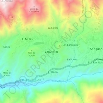 Mapa topográfico Lagunillas, altitud, relieve