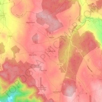 Mapa topográfico Unterrehna, altitud, relieve