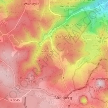 Mapa topográfico Hirschsprung, altitud, relieve