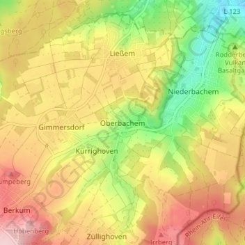 Mapa topográfico Oberbachem, altitud, relieve