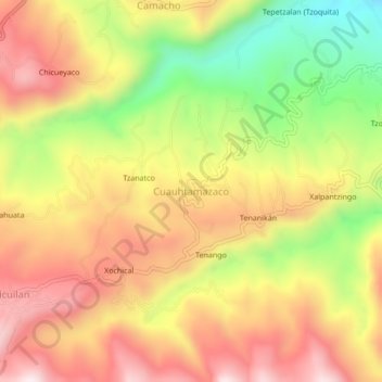 Mapa topográfico Cuauhtamazaco, altitud, relieve