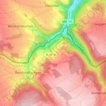 Mapa topográfico Kaltenbrunn, altitud, relieve