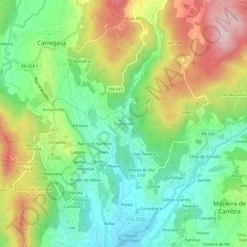 Mapa topográfico Teamonde, altitud, relieve