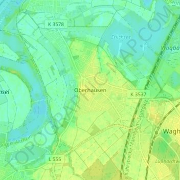 Mapa topográfico Oberhausen, altitud, relieve