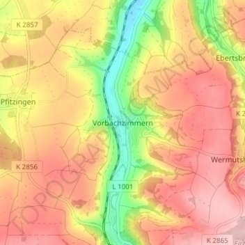 Mapa topográfico Vorbachzimmern, altitud, relieve