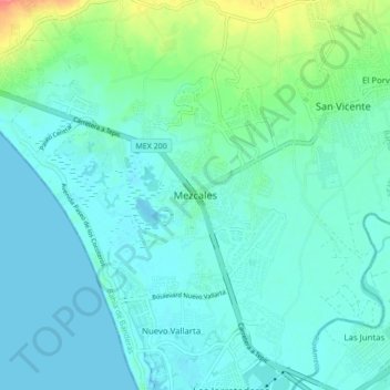Mapa topográfico Mezcales, altitud, relieve