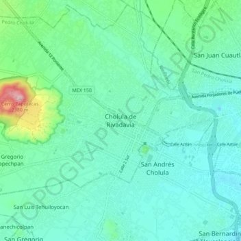 Mapa topográfico Cholula, altitud, relieve