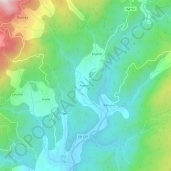 Mapa topográfico Amoreira, altitud, relieve
