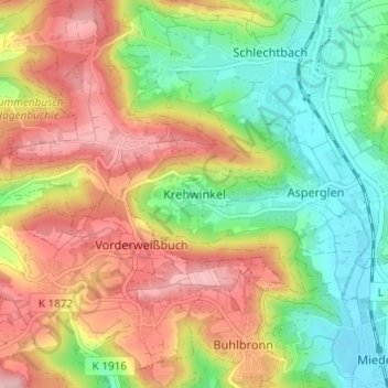 Mapa topográfico Krehwinkel, altitud, relieve