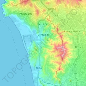Mapa topográfico Ventanilla, altitud, relieve