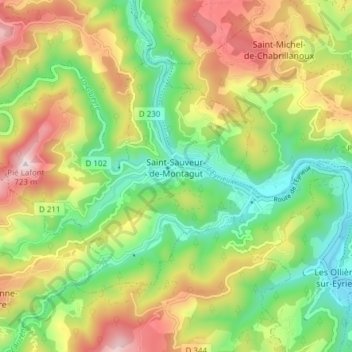 Mapa topográfico Saint-Sauveur-de-Montagut, altitud, relieve