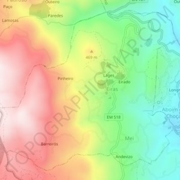 Mapa topográfico Eiras e Mei, altitud, relieve