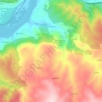 Mapa topográfico Puga, altitud, relieve