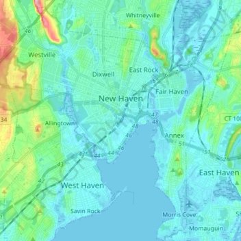 Mapa topográfico New Haven, altitud, relieve