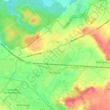 Mapa topográfico Renescure, altitud, relieve