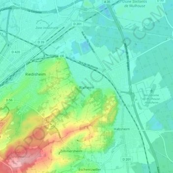 Mapa topográfico Rixheim, altitud, relieve